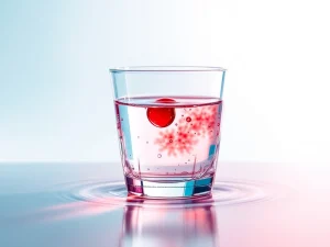 Glass of clear water with red drop falling and creating ripples, shot against white background with clinical lighting.