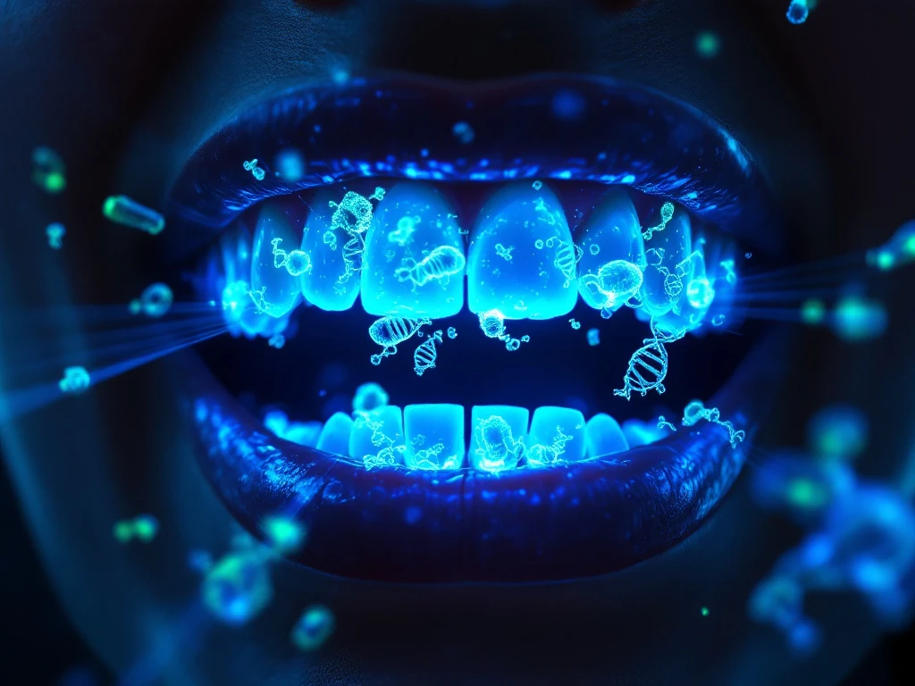 Open mouth showing glowing blue and green bacterial colonies on teeth and gums with DNA structures and light therapy beams
