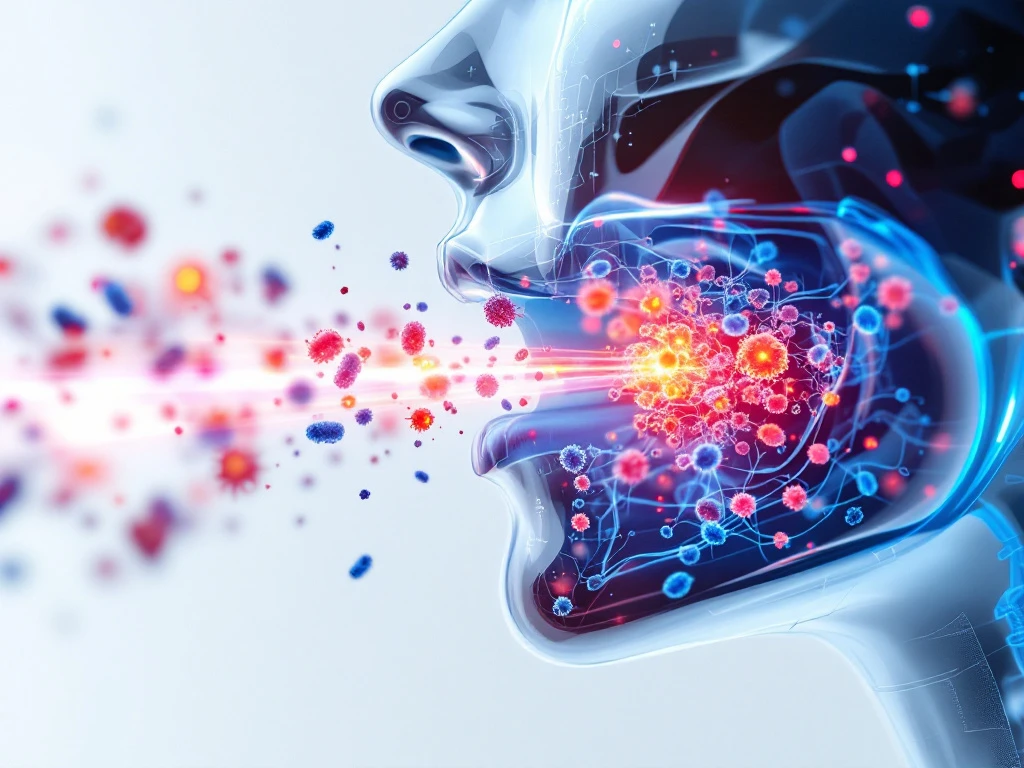 3D medical illustration of translucent mouth profile with vapor clouds and colorful bacteria targeted by light therapy beams