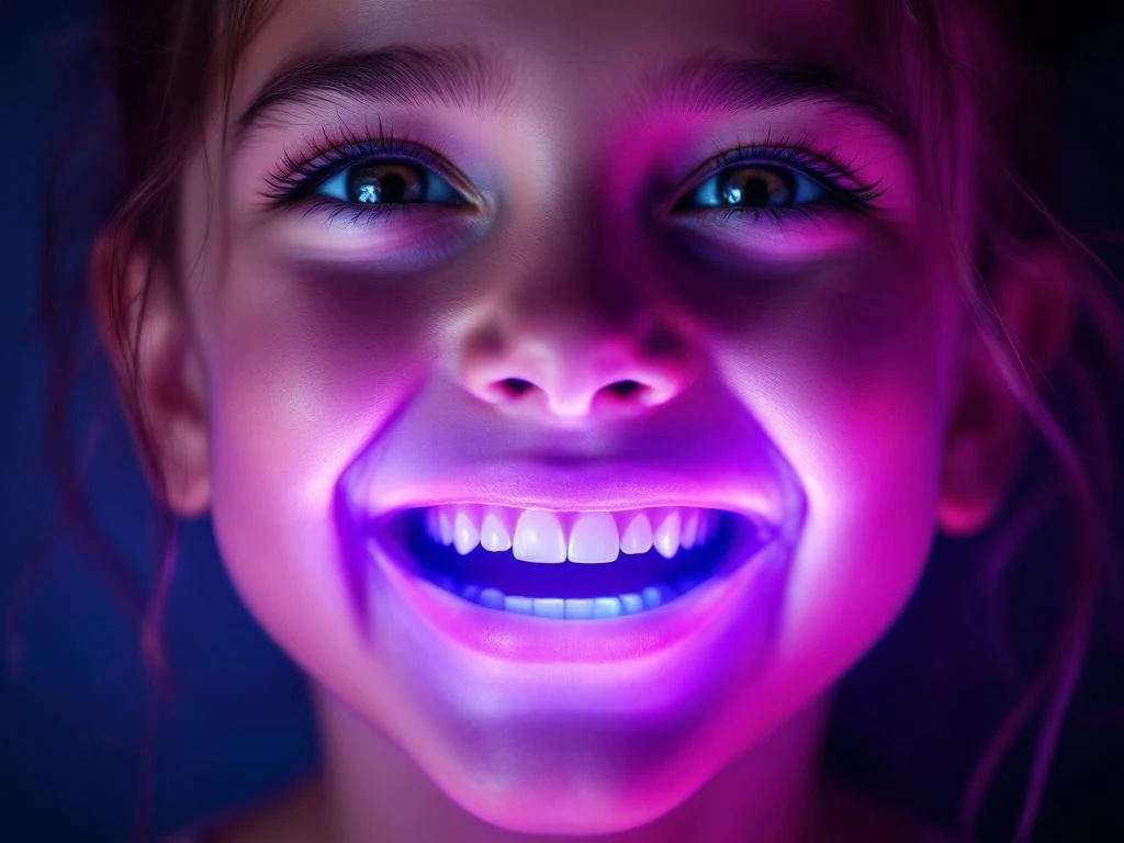 Happy child with glowing purple light from mouth representing advanced oral health technology treatment