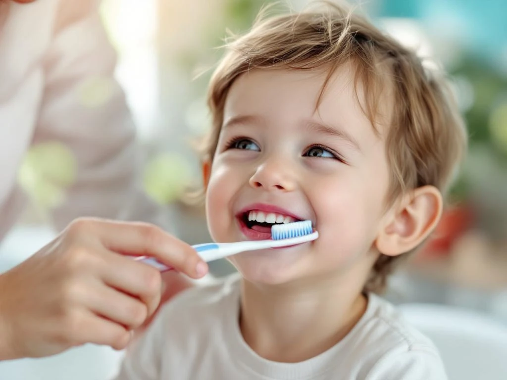 Mother helping young child brush teeth in bright modern bathroom with natural lighting and healthy oral care focus.