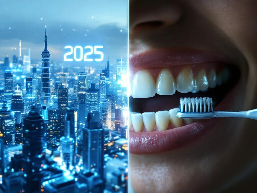 Split-screen showing futuristic 2025 cityscape with holographic display versus outdated yellowed teeth and primitive toothbrush.