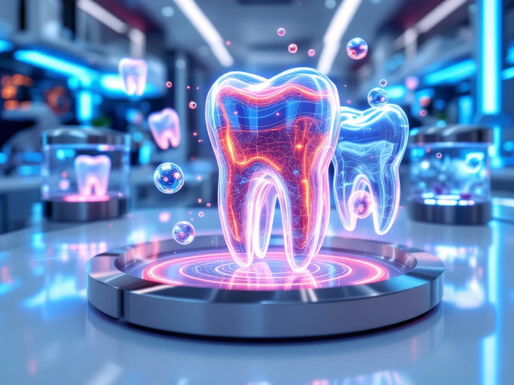 Futuristic dental laboratory with holographic tooth projections showing cavity formation and LED light therapy devices