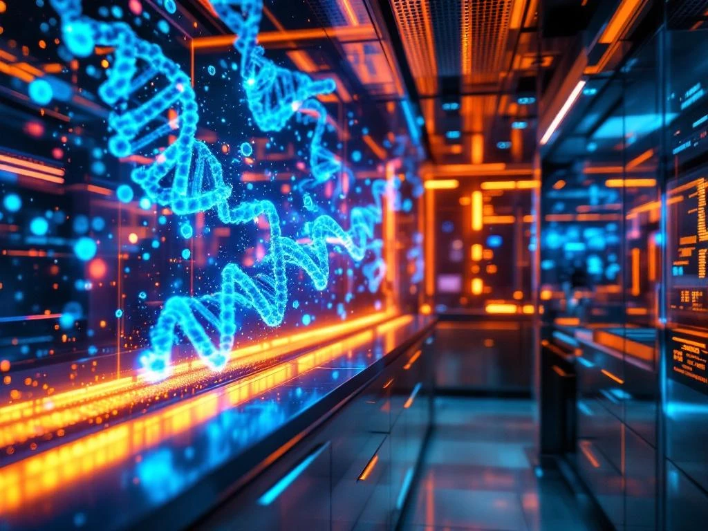 Futuristic medical laboratory with holographic DNA displays, blue antibacterial lighting, and advanced healthcare technology interfaces.