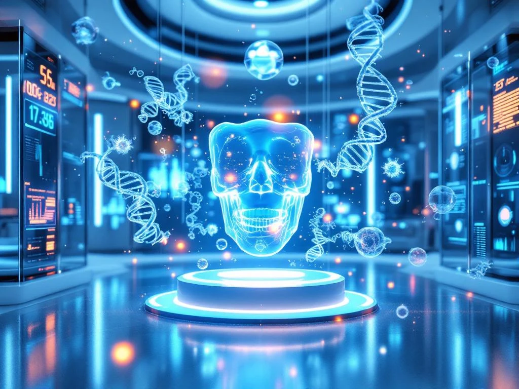 Futuristic medical laboratory with holographic DNA structures, digital mouth model, and advanced healthcare equipment in blue lighting.