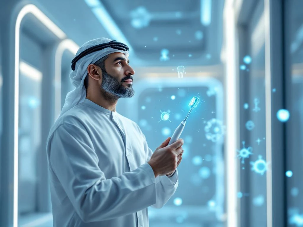 Arab man in his forties holding modern toothbrush in futuristic white environment with blue holographic dental technology