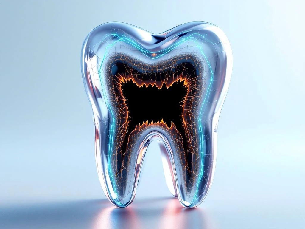 Futuristic translucent tooth with glowing blue veins showing dark cavity void against clinical white-blue background