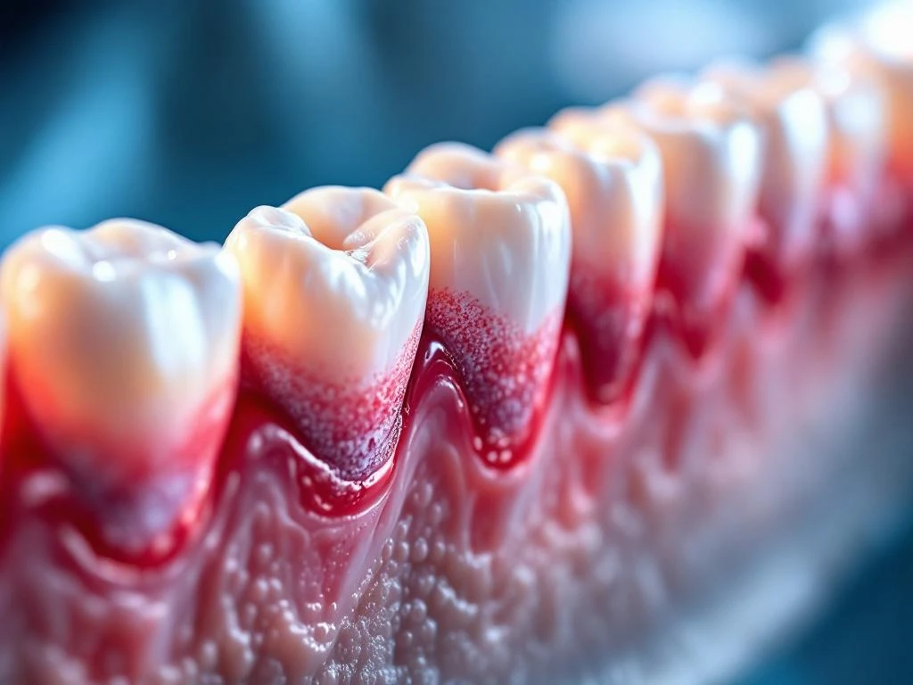 Close-up cross-section of human gums showing healthy pink tissue contrasted with inflamed red areas and plaque buildup.
