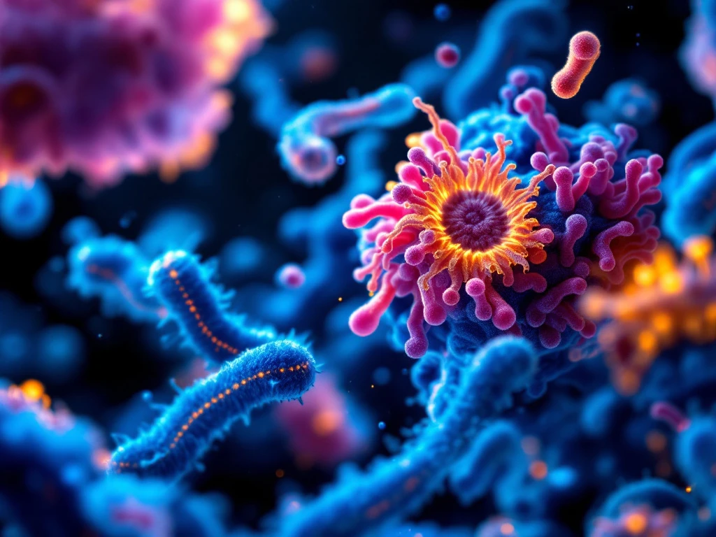 Microscopic view of colorful bacterial colonies and microorganisms illuminated by blue therapeutic light beams against dark background.