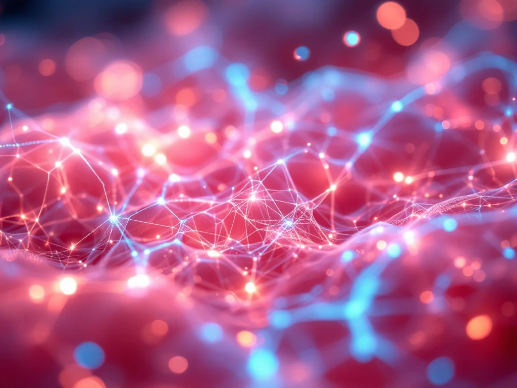 Microscopic view of pink gum tissue cells with glowing blue light networks showing advanced oral health technology integration.