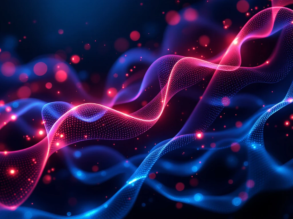 Molecular structures with red inflammation particles and blue healing light waves in abstract medical visualization