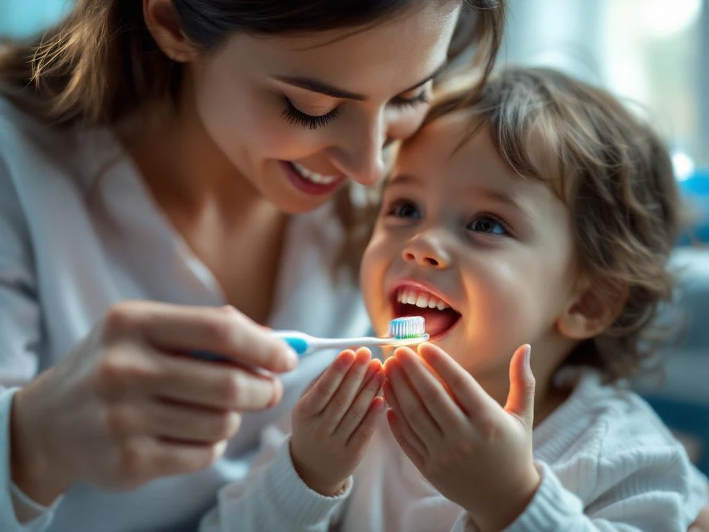 Mother guiding child's hands while brushing teeth together in warm, caring dental hygiene moment