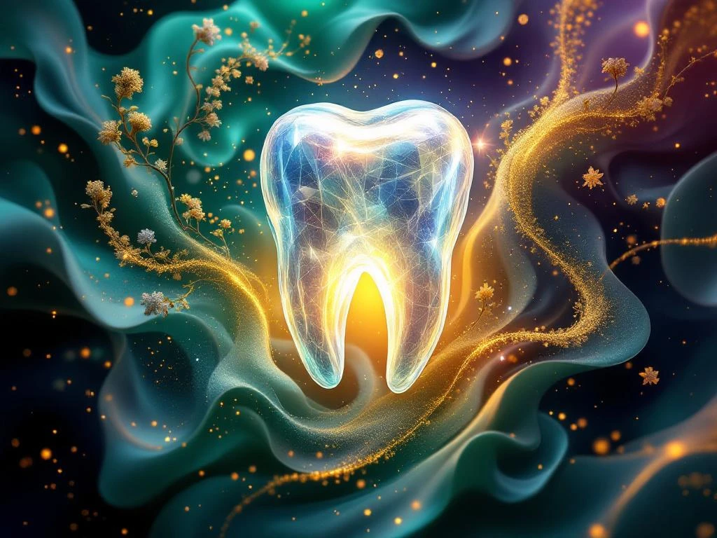 Crystalline tooth structure surrounded by flowing botanical elements in emerald and gold gradients with light particles.