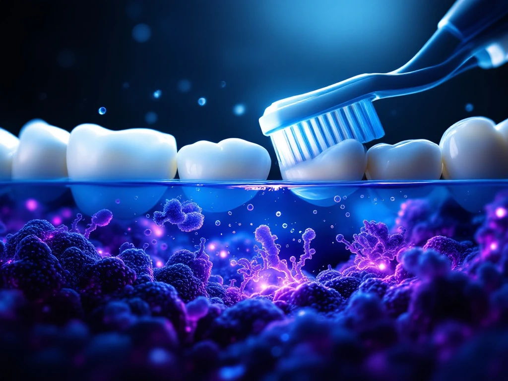 Microscopic split-screen of tooth enamel being brushed above and glowing bacterial biofilm colonies below gum line