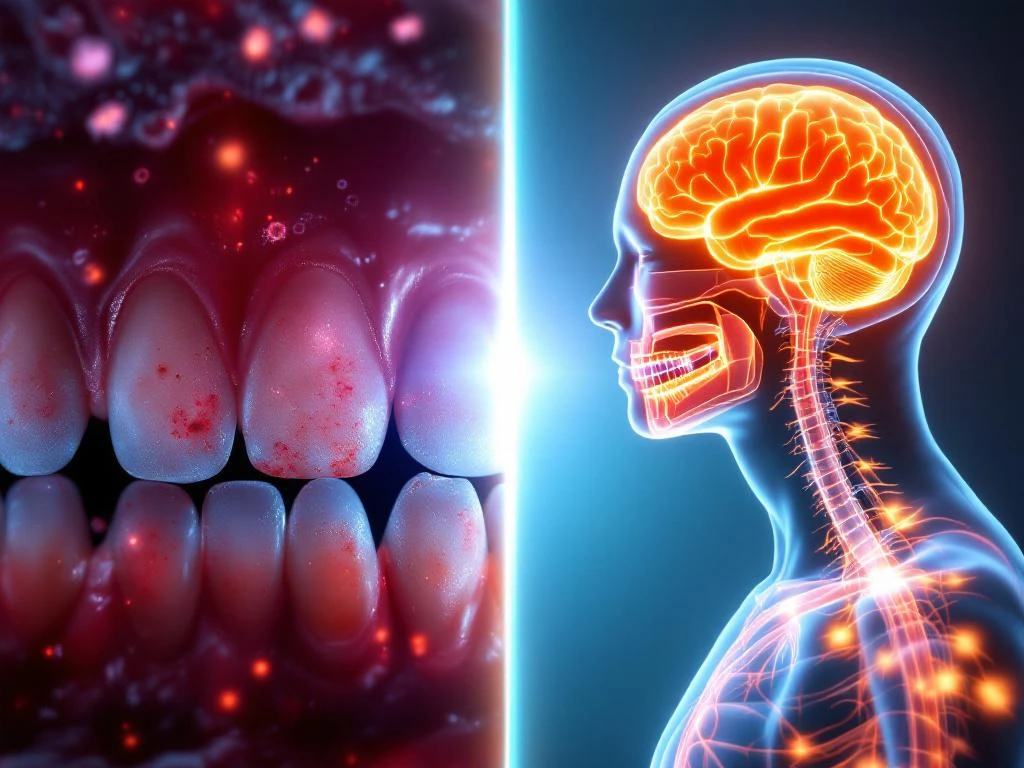 Split-screen medical illustration: inflamed gums with bacteria on left, human silhouette with highlighted heart and brain on right.