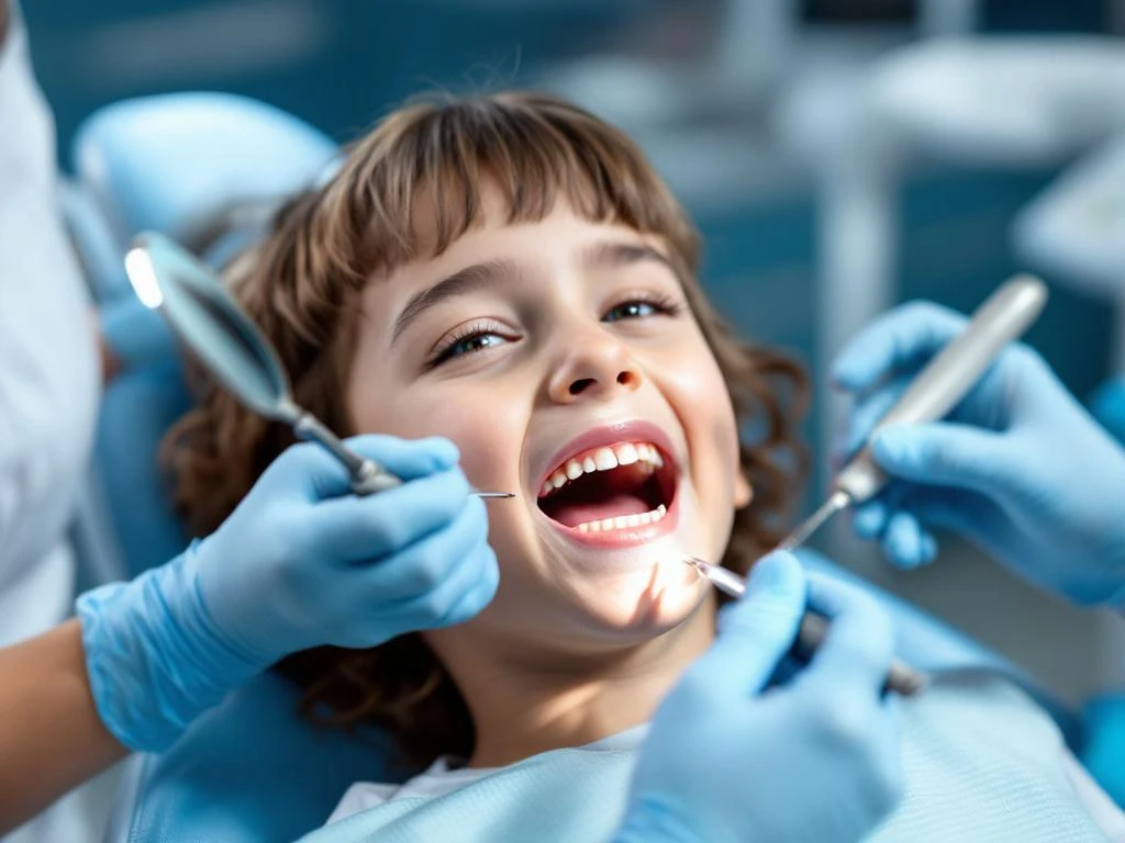 Child receiving dental treatment from dentist using drill and mirror in modern dental office with clinical lighting.