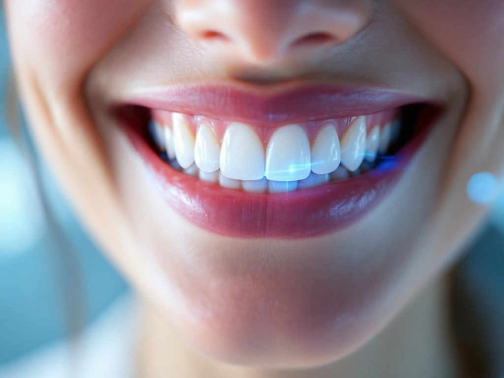 Perfect white smile with healthy teeth in professional dental office with soft blue lighting and clinical background.