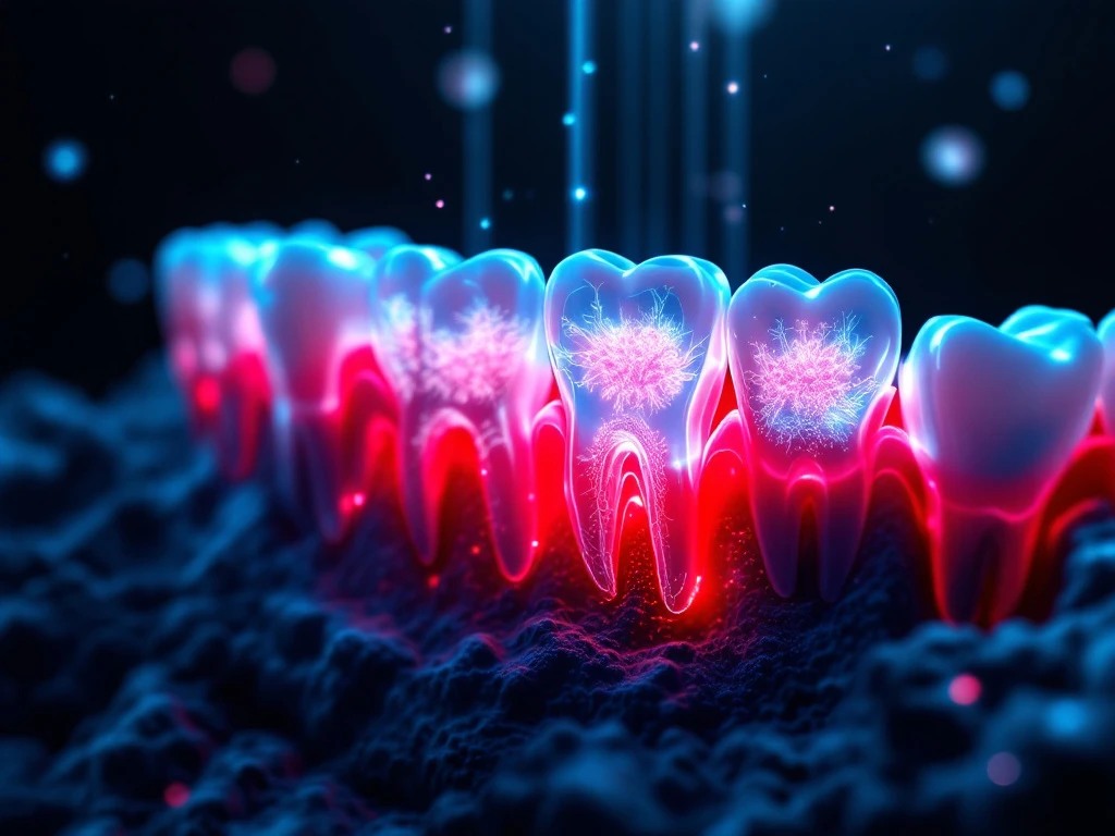 Cross-section of tooth showing periodontal disease with inflamed gums, bacteria, and dental laser technology in blue light.