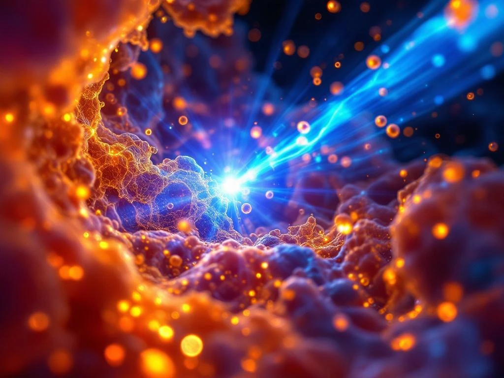 Microscopic oral tissue showing blue light therapy disrupting golden bacterial biofilms with therapeutic light penetration.