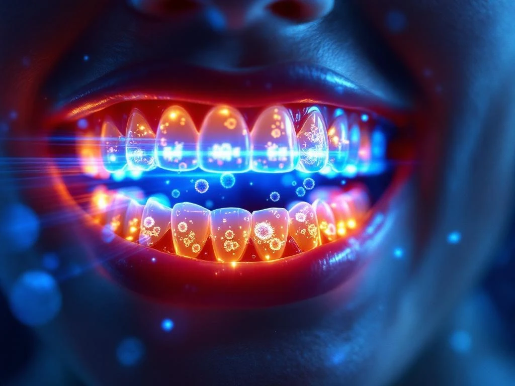 Cross-section of human mouth with LED mouthguard device emitting blue and infrared light therapy beams on teeth and gums.