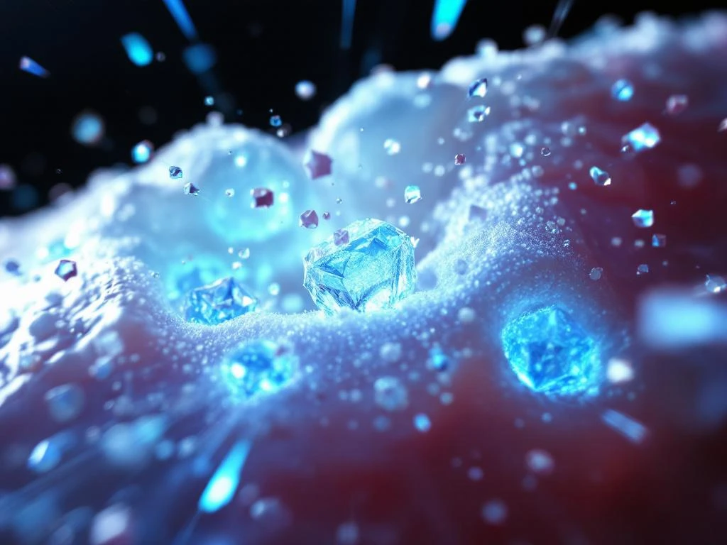 Microscopic view of sugar crystals drilling into white tooth enamel with blue lighting effects showing dental decay process.