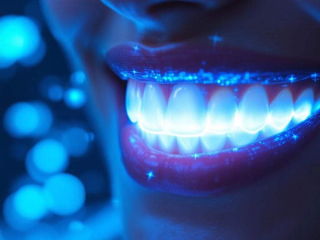 Perfect white teeth illuminated by blue LED light technology in futuristic dental treatment setting