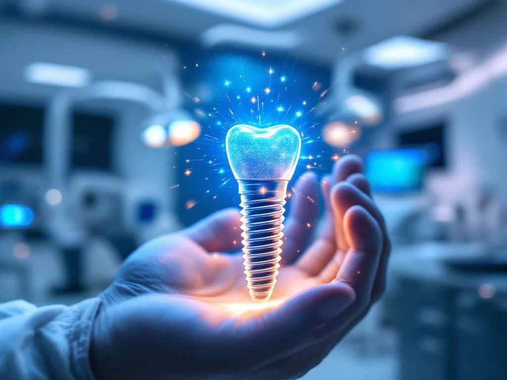 Doctor's hand holding illuminated titanium dental implant with glowing blue and amber lights in modern clinic