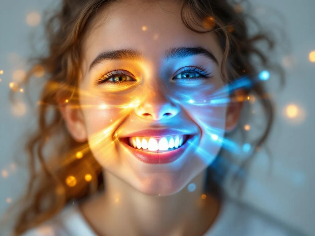 Young girl smiling with golden and blue light beams streaming from her mouth, demonstrating advanced dental technology.