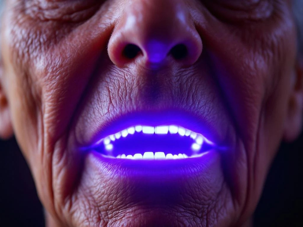 Elderly person's face with smooth skin and purple luminescent glow emanating from mouth, creating dramatic lighting effects.