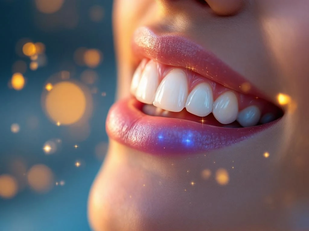 Healthy pink gums and white teeth with golden therapeutic light and healing energy wisps in spa-like setting