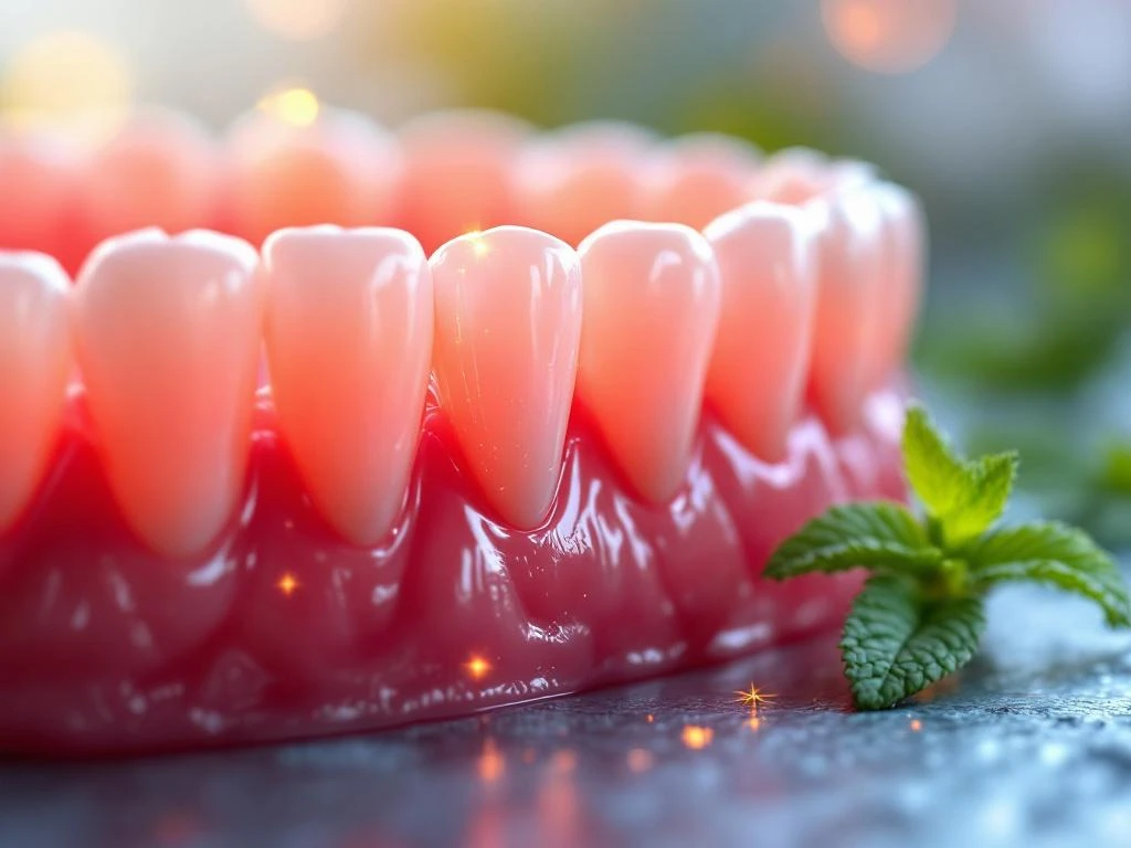 Healthy pink gums with golden glow showing natural healing, mint leaves blurred in background, warm coral lighting