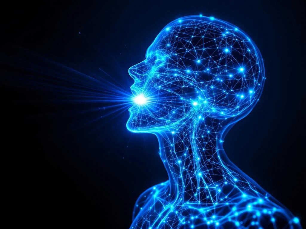 Holographic human silhouette with glowing blue neural pathways and light beams radiating from mouth against dark background