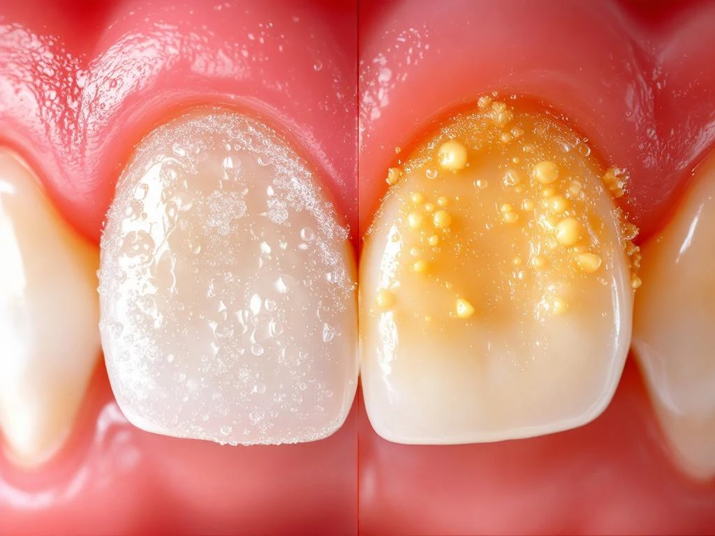 Close-up of human teeth showing soft plaque biofilm on left and hardened yellow tartar deposits on right near gums.