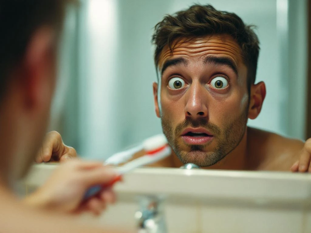 Man with shocked expression holding toothbrush with red bristles while looking in bathroom mirror, close-up portrait