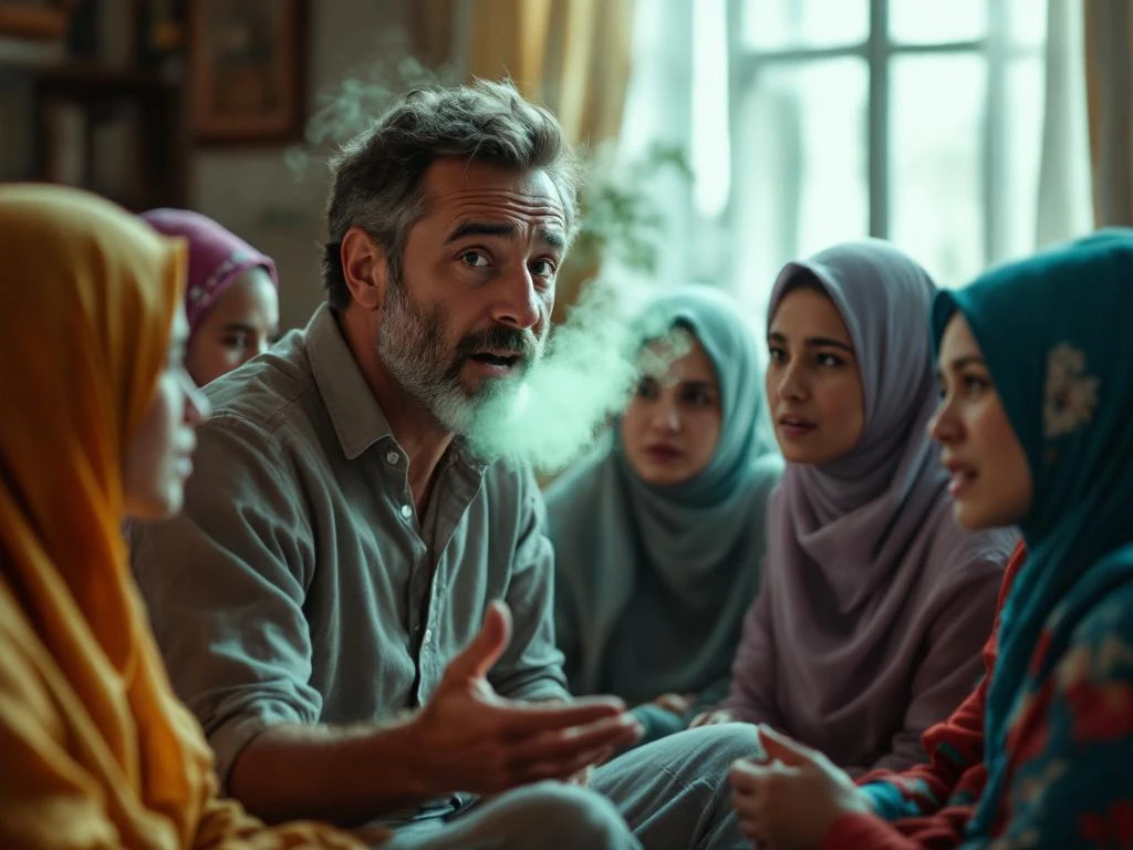 Man speaking to group of women in hijabs who appear uncomfortable, with visible breath cloud suggesting bad breath