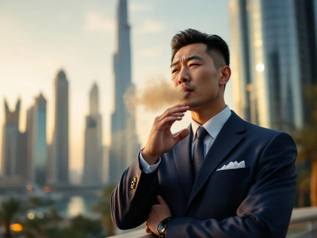 Chinese businessman in navy suit showing concern about bad breath with Dubai Burj Khalifa skyline in background