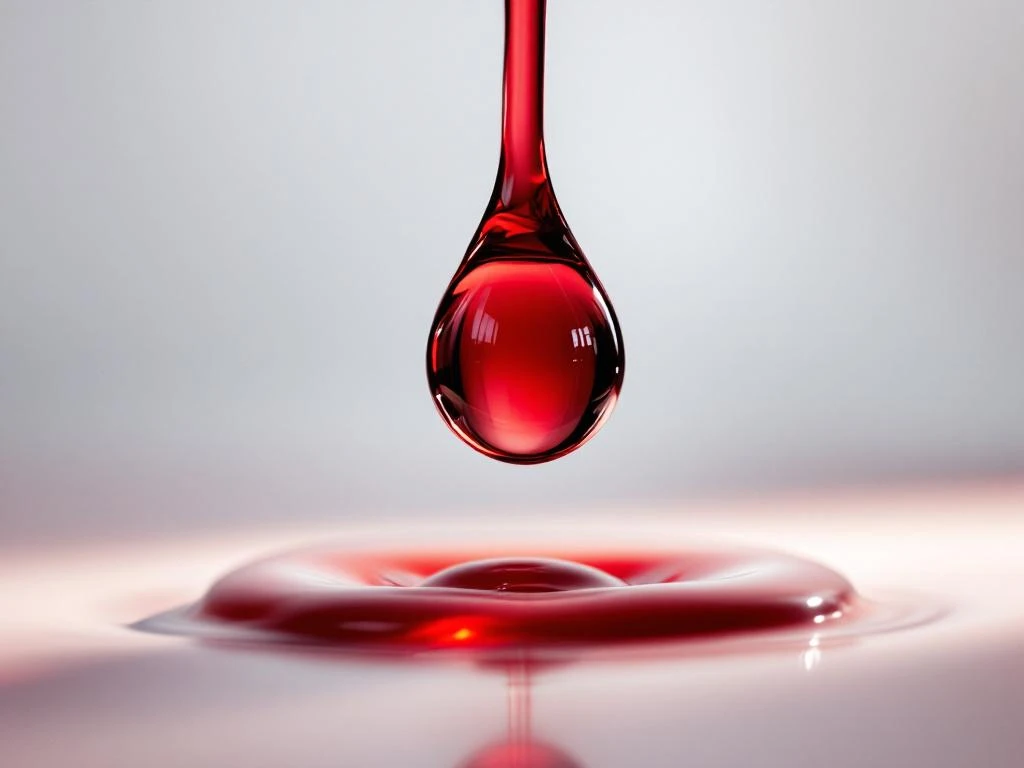 Crimson teardrop suspended mid-fall against white background, captured in extreme macro with shallow depth of field.