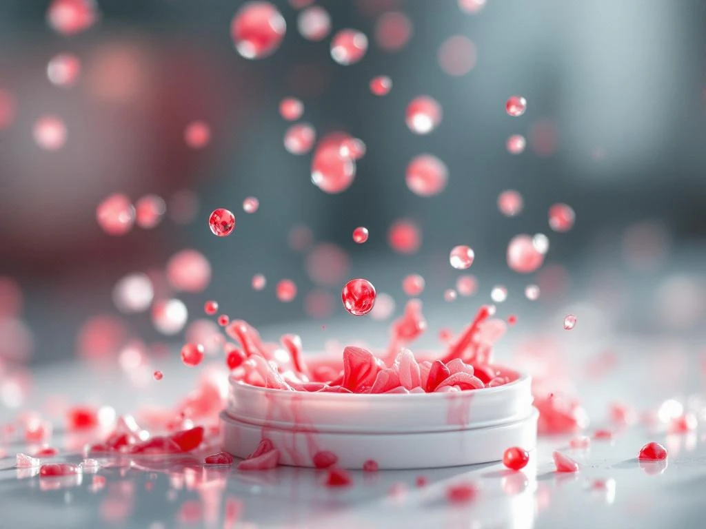 Red droplets falling onto white dental floss container with dramatic lighting and shallow depth of field