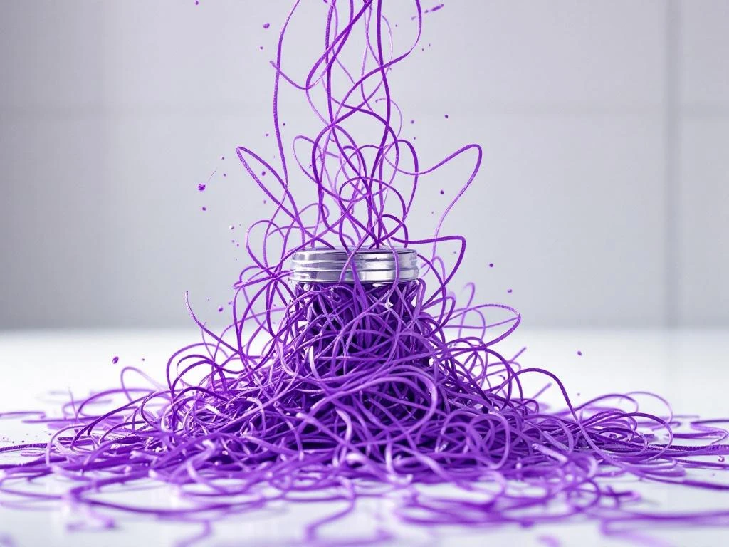 Dental floss container overflowing with tangled bright purple floss threads cascading across white bathroom countertop