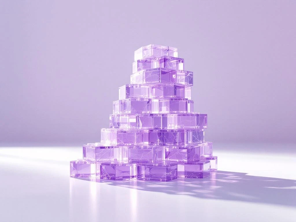 Translucent purple building blocks stacked in spiral tower formation on white surface, resembling dental plaque buildup concept.