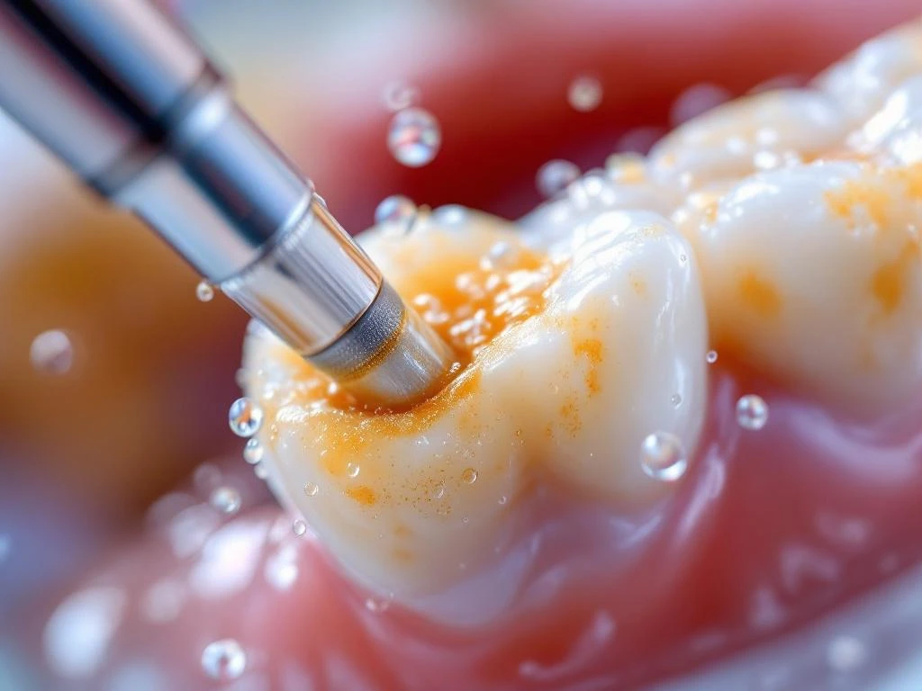 Dental ultrasonic scaler removing yellow plaque from molar tooth with water mist in close-up clinical view