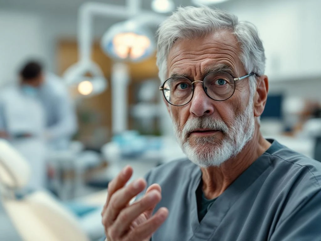 Elderly dentist with silver hair and glasses speaking with concerned expression in modern dental office