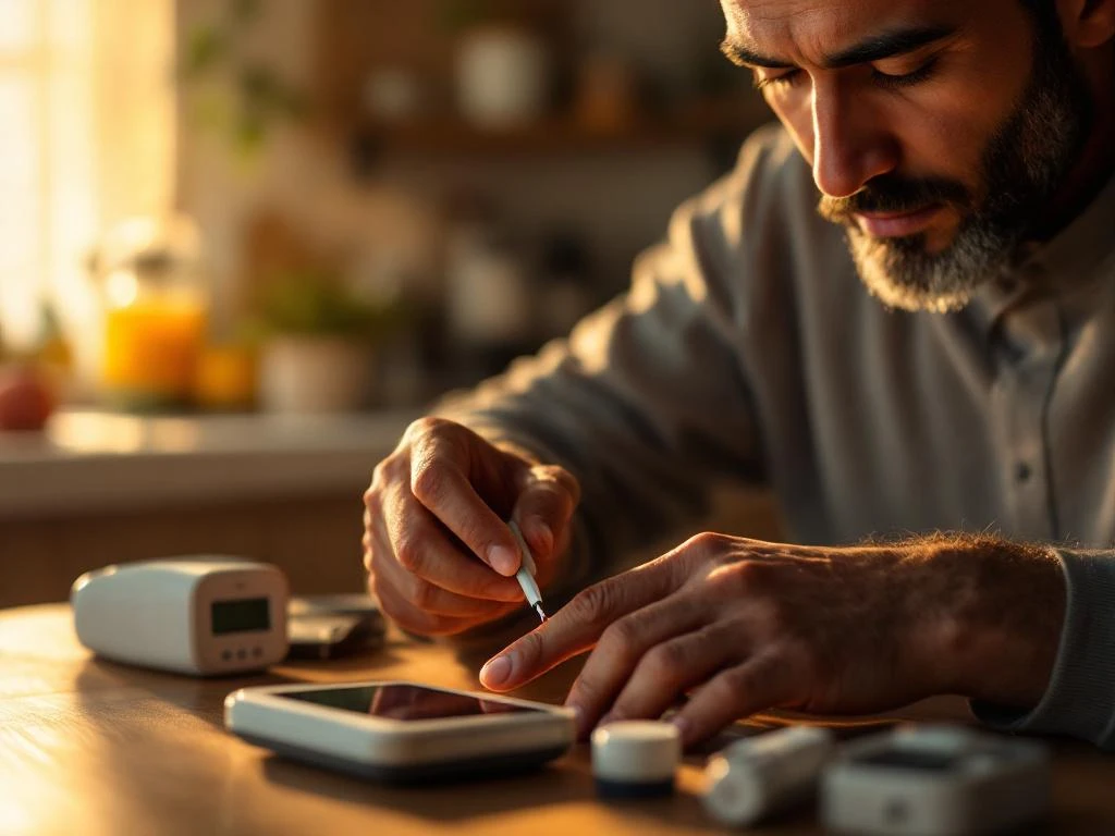 Middle Eastern man testing blood glucose with lancet at kitchen table in morning sunlight