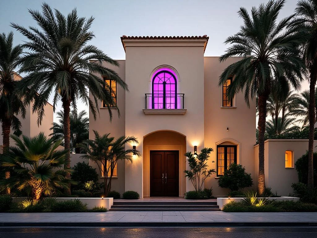 Luxury Dubai villa with cream stucco walls and purple-lit upstairs window among palm trees at golden hour
