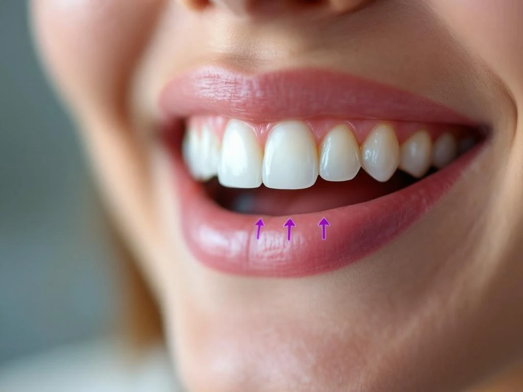 Close-up of gum recession on lower front teeth with purple arrows indicating healthy gum line position