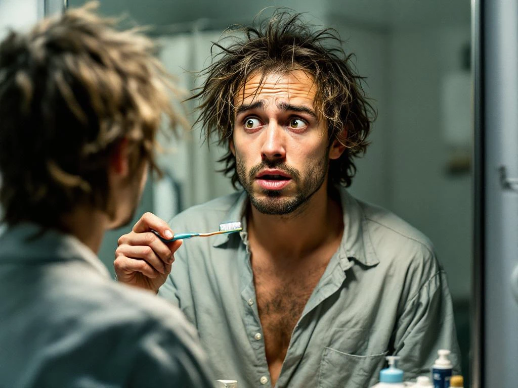 Person with messy bedhead hair holding toothbrush at bathroom mirror, looking confused and frustrated in rumpled pajamas
