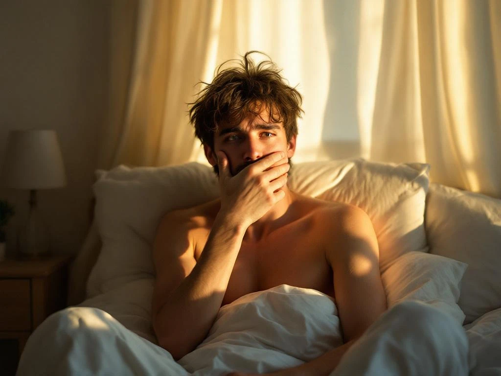 Person sitting in bed with messy hair covering mouth with hand in embarrassment, morning sunlight streaming through curtains