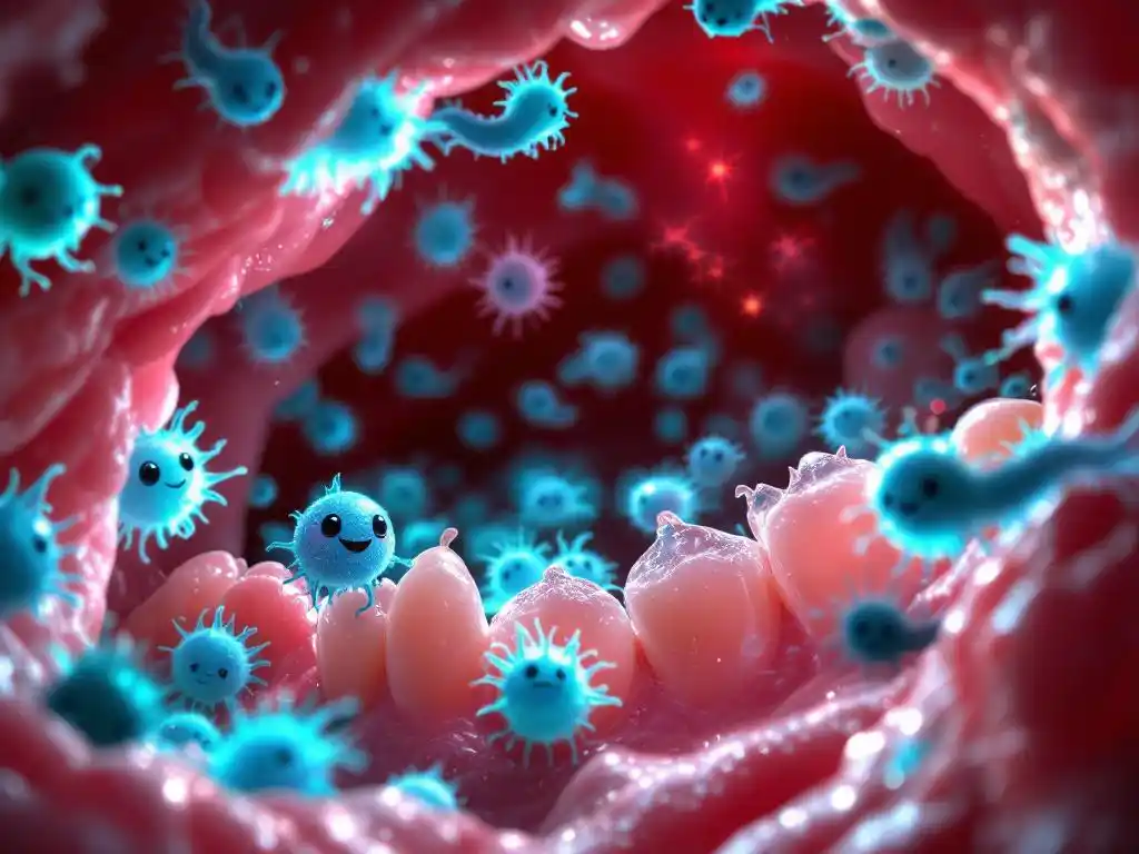 Microscopic view of cartoon-style good bacteria protecting healthy gums from harmful bacteria in human mouth