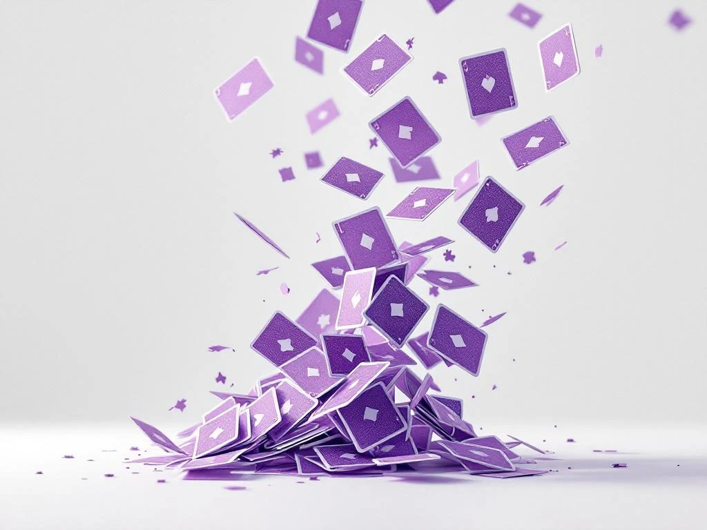 Purple playing cards falling through air in graceful arc against white background with dramatic lighting and soft shadows