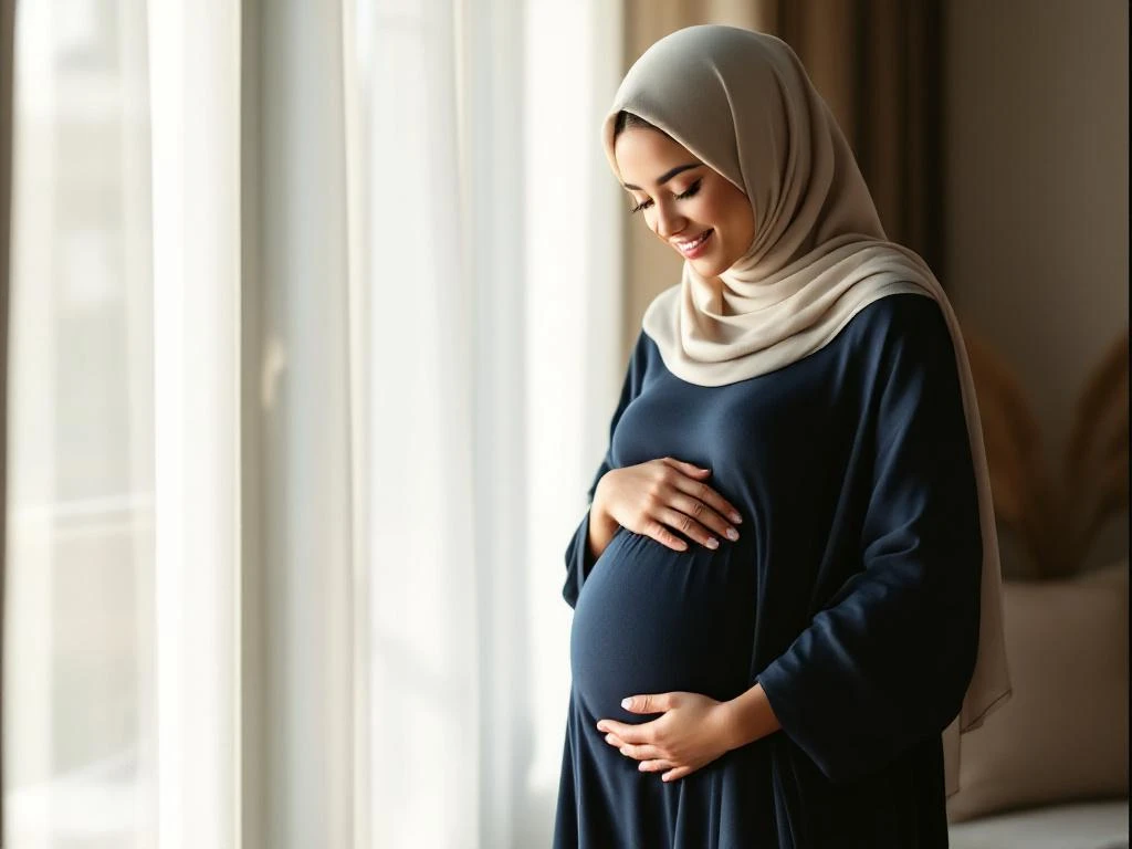 Pregnant Arab woman in navy abaya and cream hijab cradling her belly with tender smile in bright sunlit living room